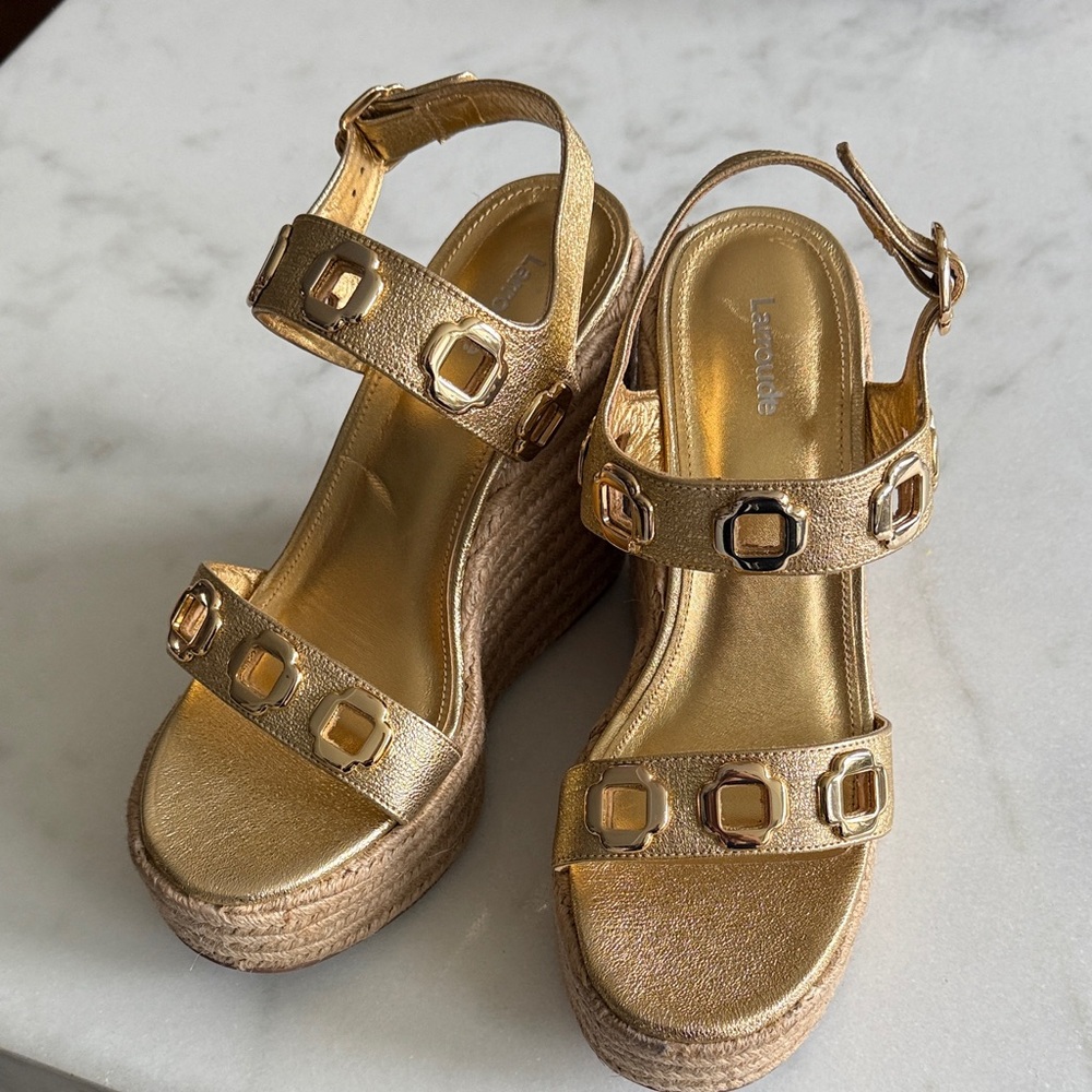Larroude Metallic Gold Wedge Sandals